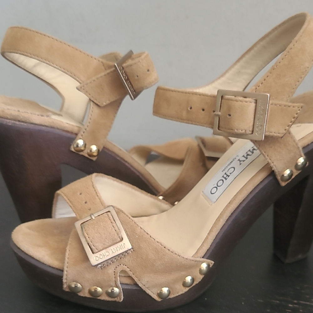 Jimmy Choo Tan Suede Heeled Sandals with Buckle Straps